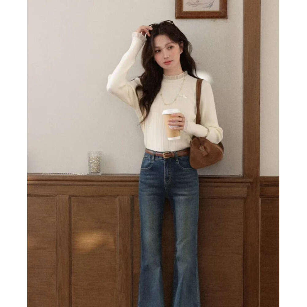 ALXNAN Vintage Blue Jeans Women's Flared Straight Cotton Denim 2025 Fall Office Lady Elegant Slim-fit Female Pants L57873 Z260313