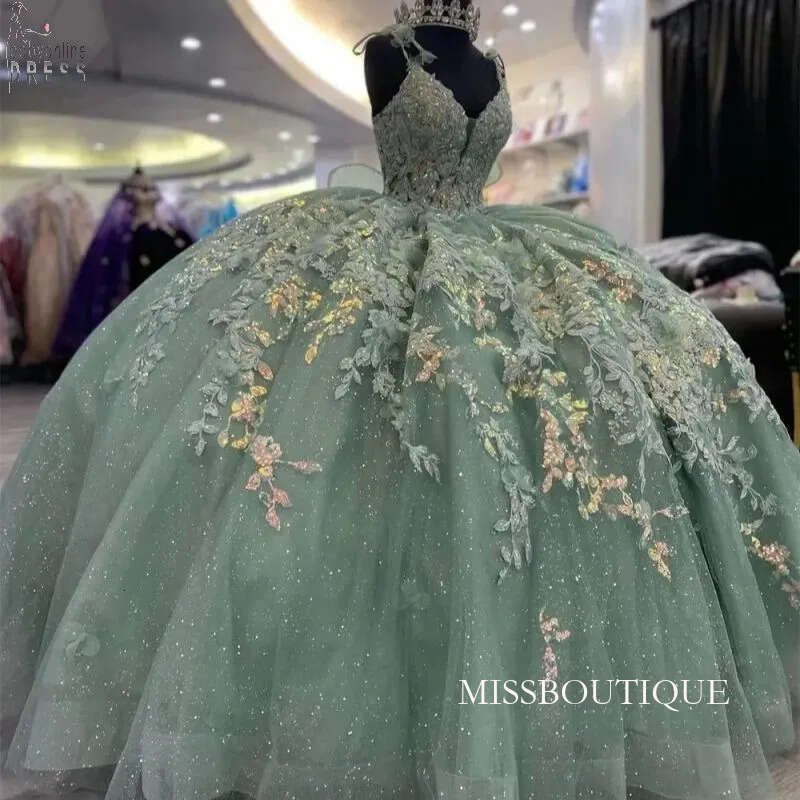 Green Shiny Quinceanera Dresses Ball Gown Off The Shoulder Applique Lace Beading Bow Tull Party Birthday Sweet 16 Dress Vestidos 15 Anos 4F06 B0313