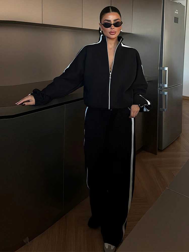 Chic Contrasted Color Women Hoodie Pant Suits Full Sleeve Zippers Wide Leg Pants Lady Set 2026 Spring 2 Pieces Set Women M260313