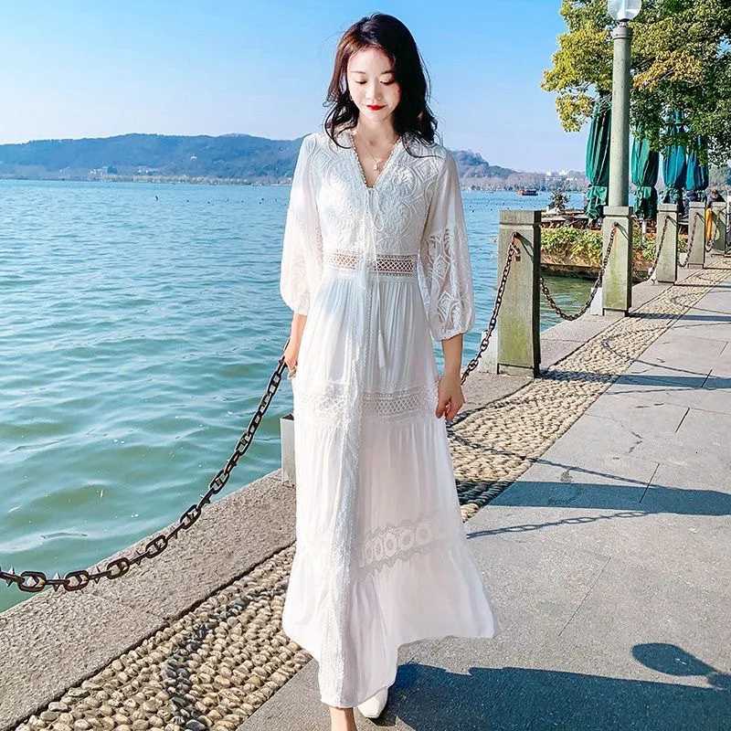 Boho Dress Women Fashion Spring/Summer White Sweet French Bubble Sleeve Beach Long DressT260316