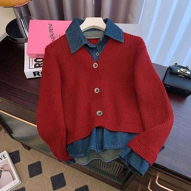 Fake two-piece Sweater Knitted Cardigan Women's Autumn Winter Design sense Polo collar Denim patchwork Long sleeved Loose Top Z260313