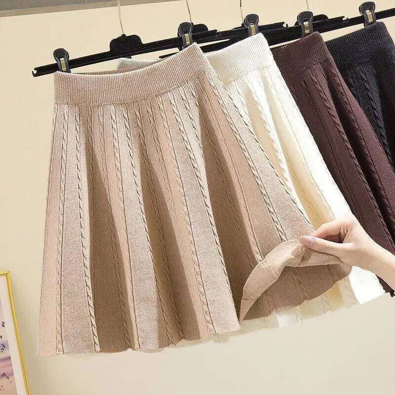 Spring Autumn Knitted Elastic Waist High Irregular 2023 New Screw Thread All-match Pleated Skirts for Women Korean Trend Z260314