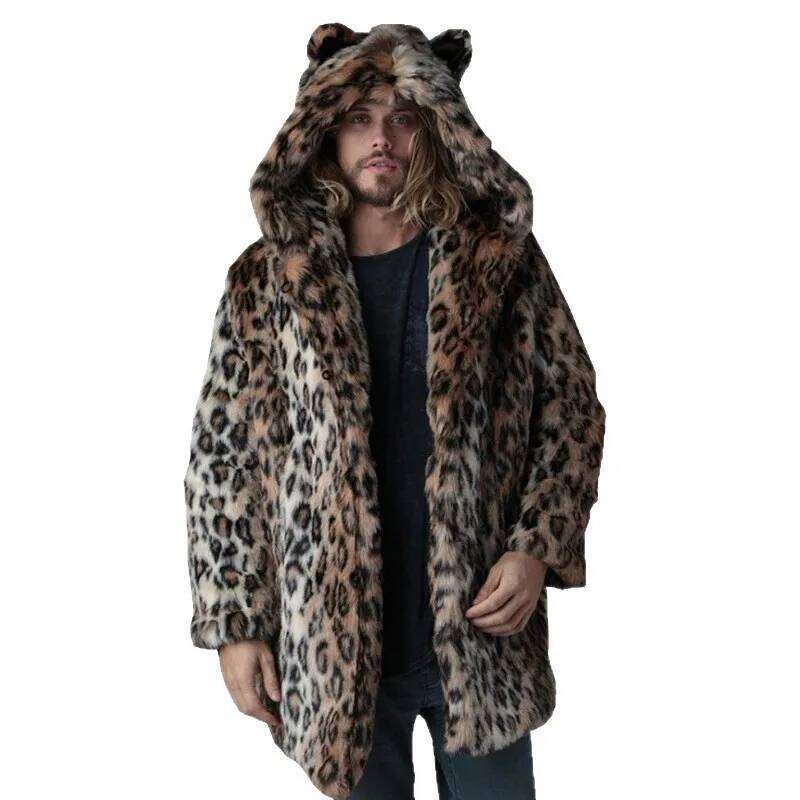 Men Faux Fur Jacket Winter Coat Thick Hooded Leopard Print Mid Length Warm Ears Overcoat Vintage Loose Casual 2025 Outerwear Z260313