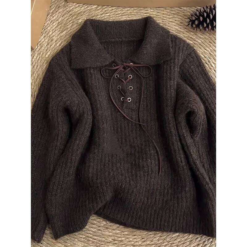 MEXZT Vintage Sweater Women Harajuku Lace Up Knitted Pullovers Streetwear Korean Knitwears Winter Long Sleeve Casual Jumpers New Z260314