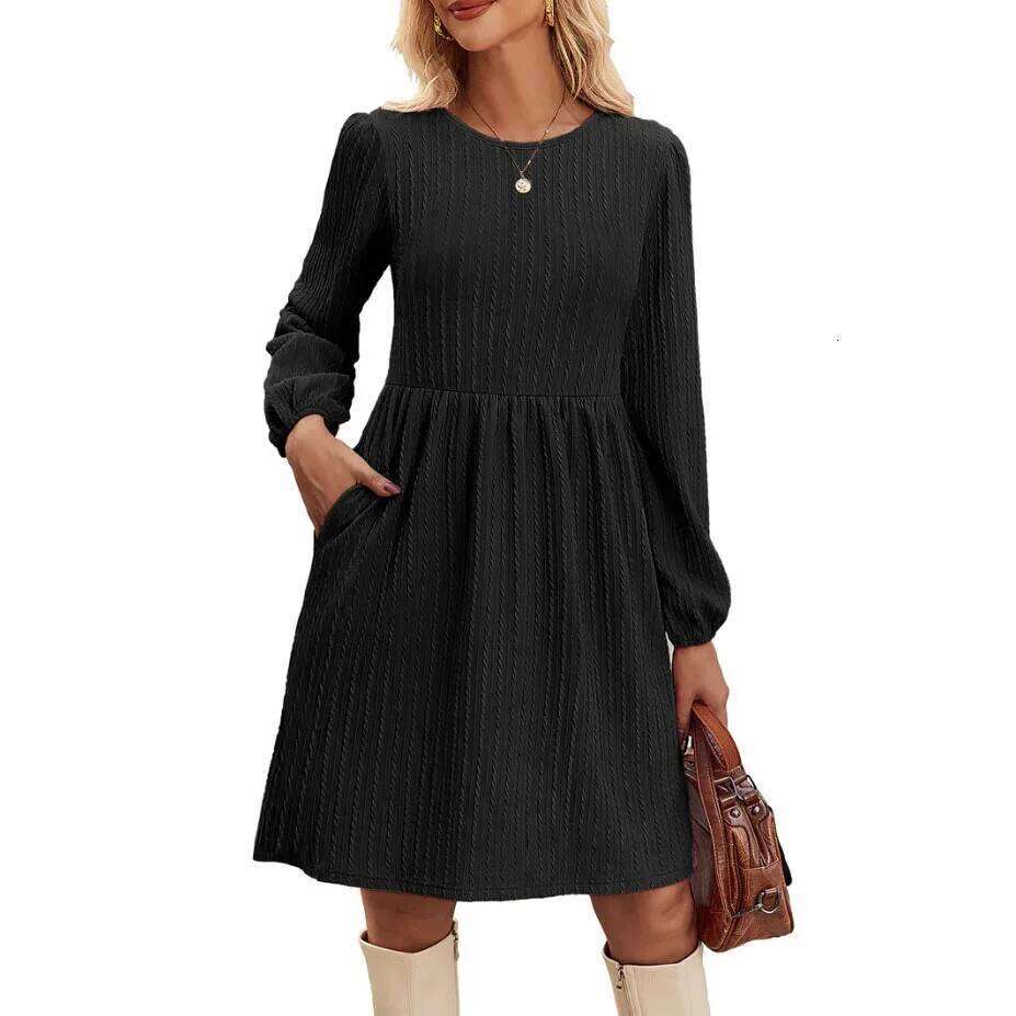 Women'S Fashion Comfort Round Neck Pocket Knitted Long Sleeve A-Line Dress With Pockets Solid Color Casual Versatile Z260313
