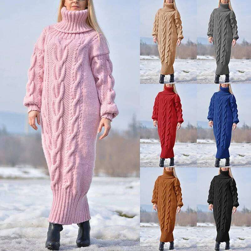 Sweater Women Long Sleeve High Neck Knitted Pullover Soft Warm Solid Color Oversize Bodycon Jumper Female Dress Z260314