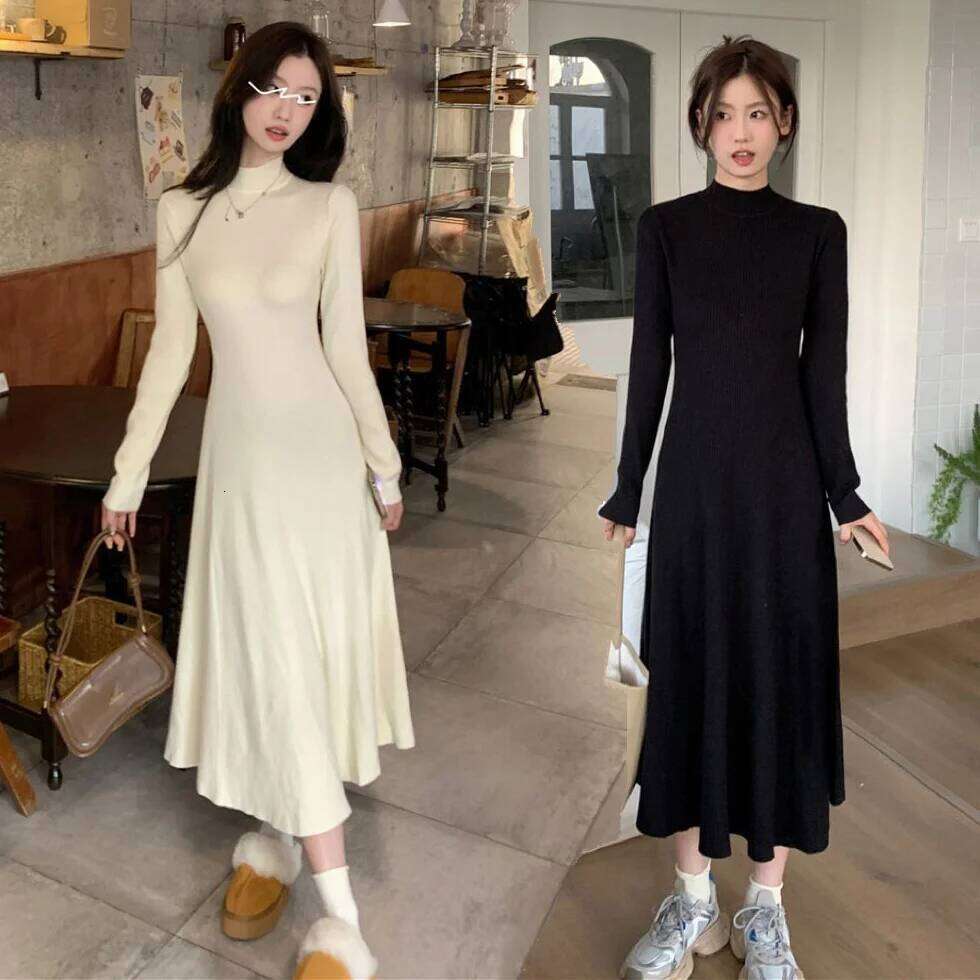 Women's Black French Mid-Calf A-Line Knit Dress Chic Semi-Turtleneck Slimming Long Sleeve Warm Layered Autumn Winter Exclusive Z260313