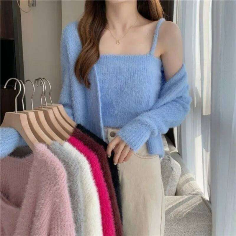 2025 Autumn New Imitation Mink Suspender Cardigan Solid Color Simple Versatile Two-piece Set Women's Long-sleeved Knitted Top Z260313