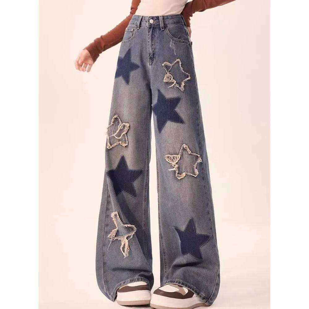 2023 Korean Y2K Fashion Star Embroidery Baggy Stacked Jeans Pants For Women Clothes High Waist Straight Vintage Lady Trousers Z260313