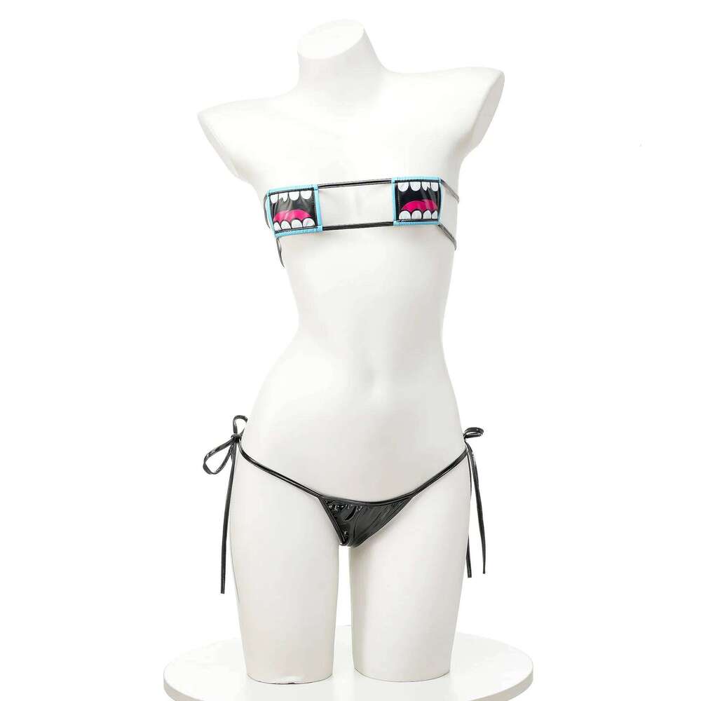 Mouth Printed Bikini Black Lacquer Leather Bandage Swimsuit Cosplay Women Anime Underwear Set Costume Y260303