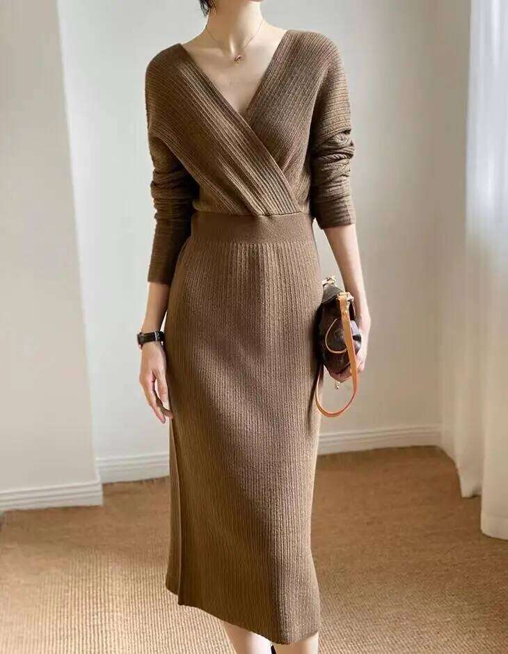 New Autumn/Winter Fashion Long Sleeve V-neck Knitted Solid Color Slim Fit Dress For Women,5 Colors Z260313