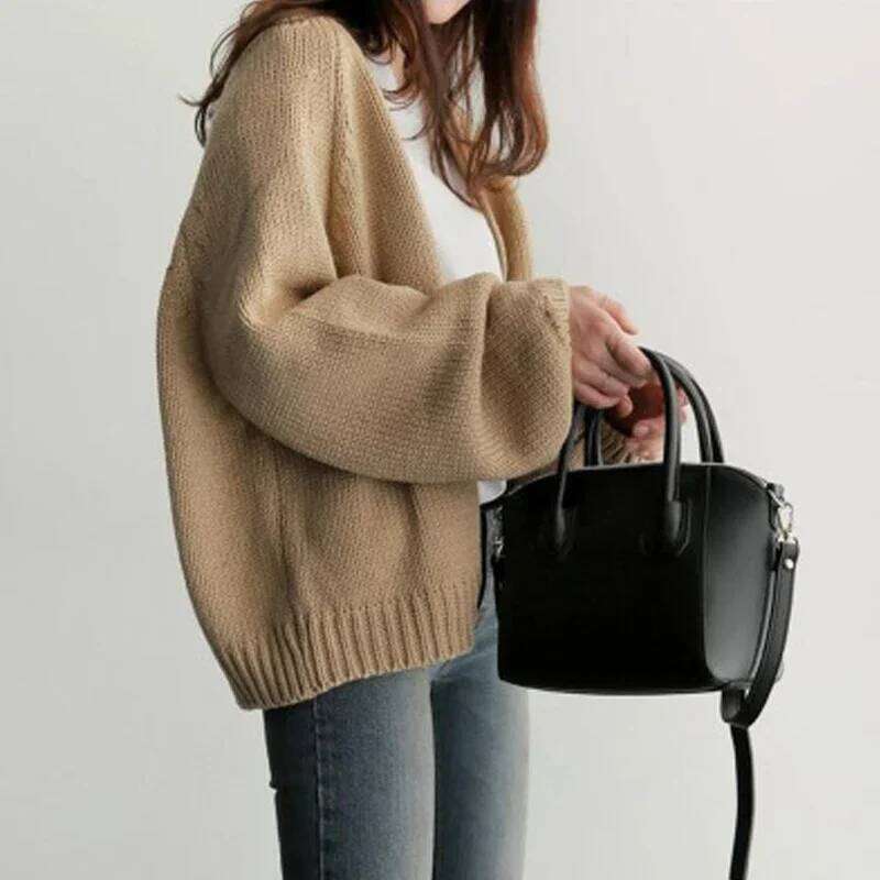 Autumn Fashion Women Loose Knitted Cardigan Short Sweater Jacket V Neck New Casual Office Solid Color Elegant Long Sleeve Coats Z260314