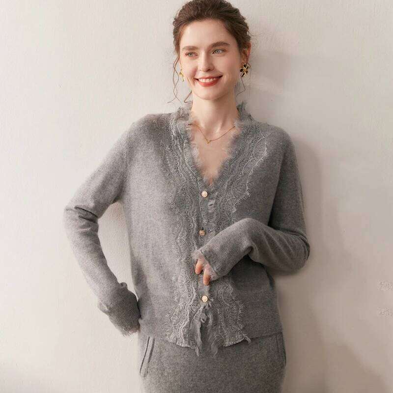 Autumn/Winter Women's 100% Pure Cashmere Cardigan Casual Solid Lace Knitted Sweater Fit V-neck Tops Warm Single breasted Jumper Z260313