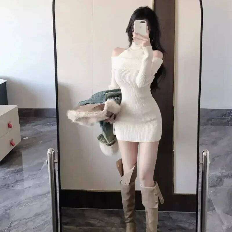 Over The Shoulder Woman Knitted Dress New In Autumn and Winter G Sensual Sexy Long Sleeve X Crochet Dresses for Women Z260314