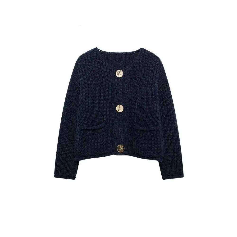 Women's Long Sleeve Knit Cardigan Sweater, Gold Buttons, Front Patch Pockets, O Neck, Female Outerwear, Chic Tops, Fashion Z260313