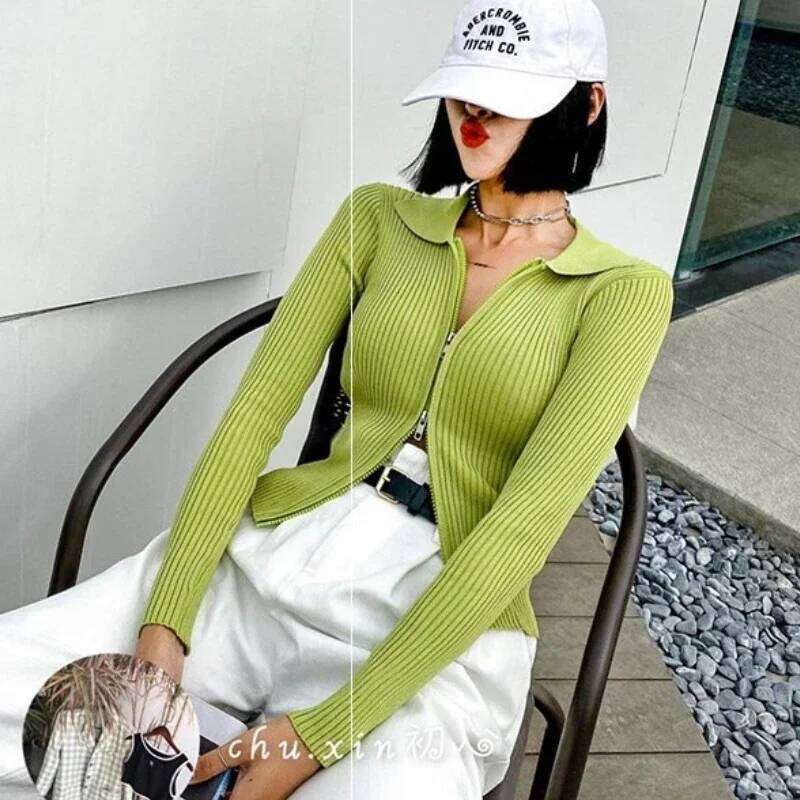 Autumn Knitted Cropped Cardigan Double Zippers Slim Korean Short Cardigans WomenWomen's Sweater Jacket Long Sleeve Tight Solid Z260313