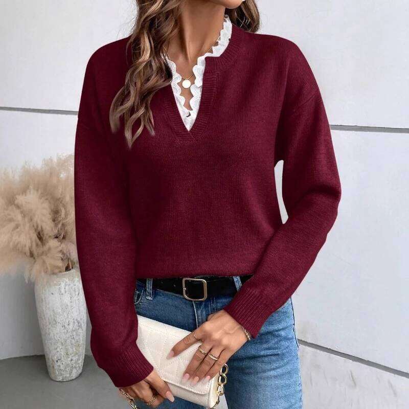 2025 Autumn and Winter Fashion New Women's Elegant Casual V-neck Lace Commuting Thick Warm Loose Sweater Pullover Z260313