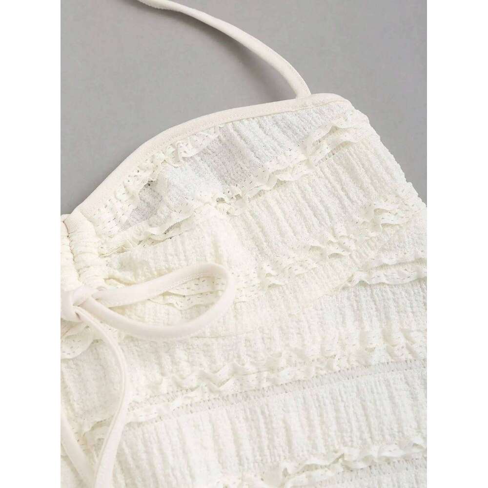 Women's Summer Fashion Casual Apricot Drawstring Knitted Textured Short Halter Neck Lace Up Vest Top