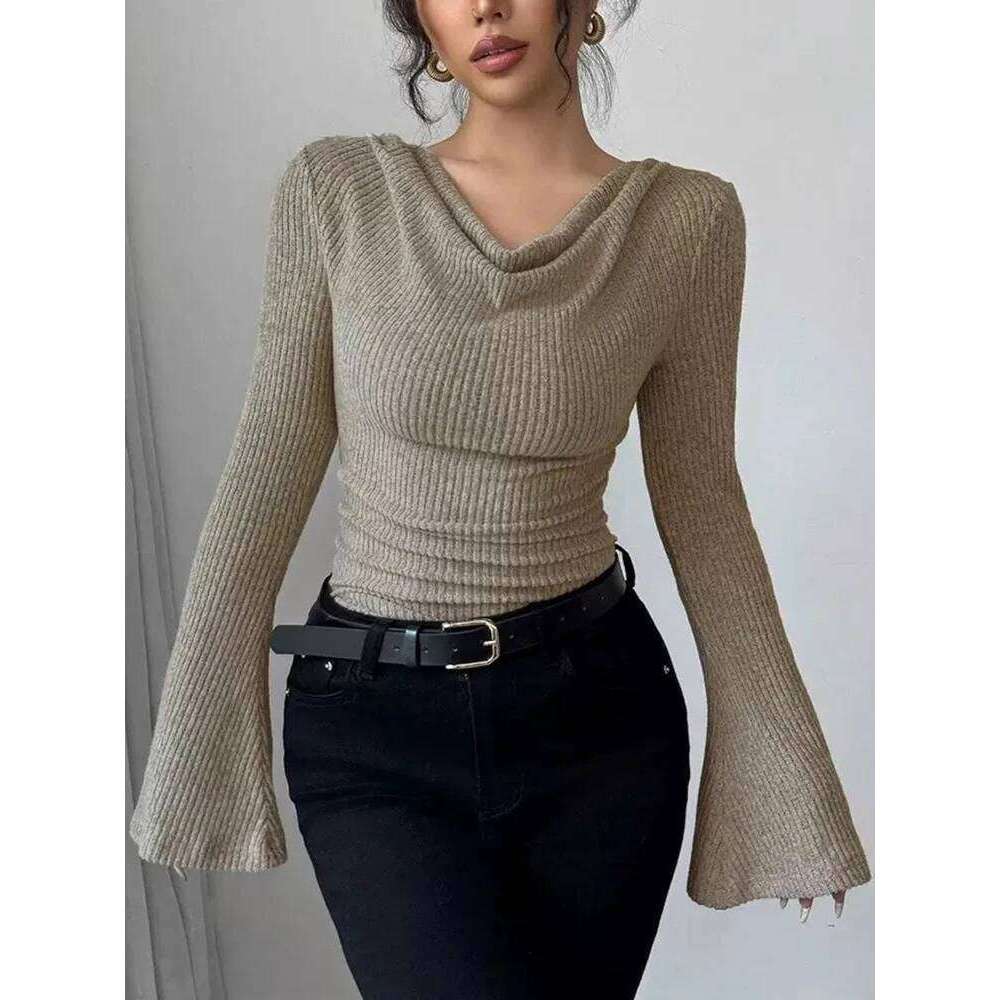 2025 autumn and winter women's pit stripe base shirt, off shoulder slim fit knitted long sleeved top, hot selling commuting styl Z260313