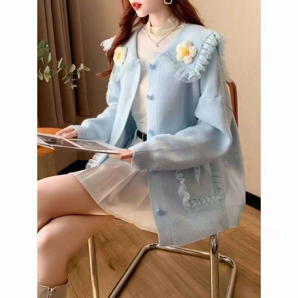 3D Flower Peter Pan Collar Packets Bow Lace Cardigan Sweaters Women Pullover 2025 Autumn Winter New Loose Knitted Sweater Tops Z260313