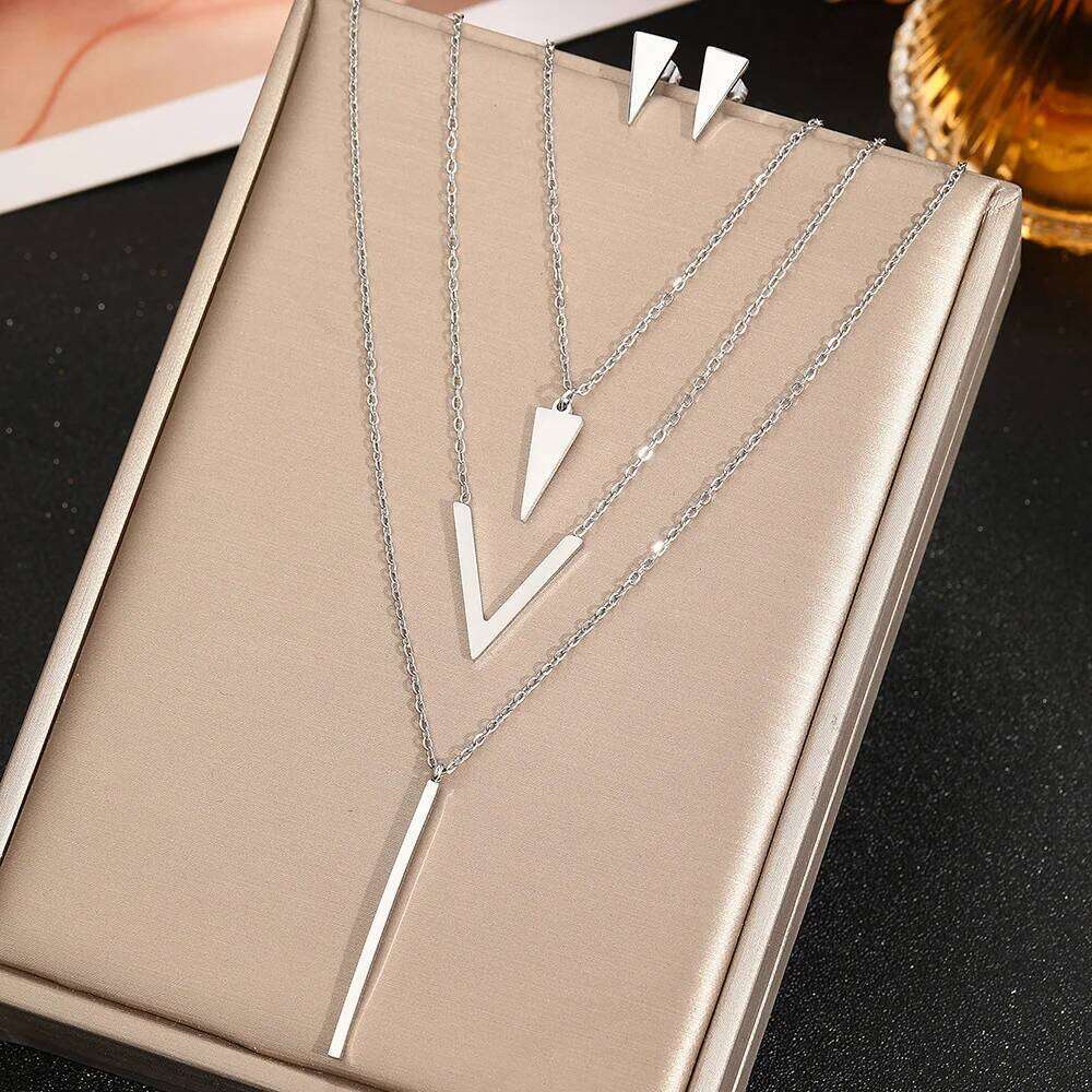 Boho Geometric V Shape Stud Earrings Necklace Set, Waterproof and Fadeproof, Women's Jewelry, Wedding Party Favors H260312
