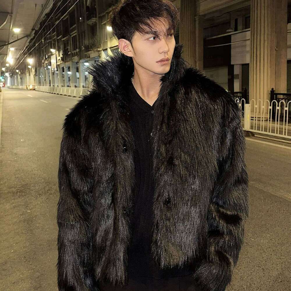 Autumn Winter New Fashion Men's Black Solid Color Casual Trendy Loose Stand Collar Long Sleeve Faux Fur Coats Male Clothes Tops Z260313