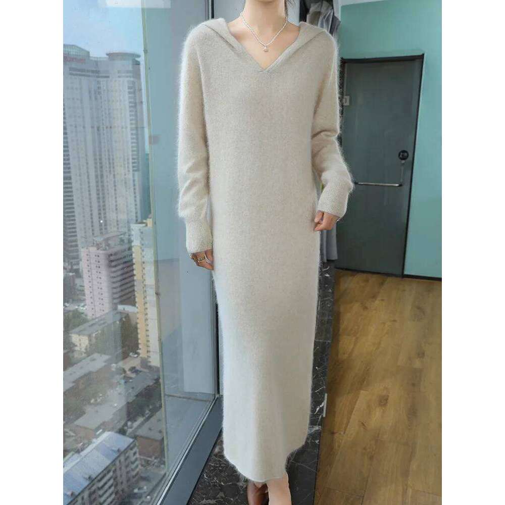 TLOML Women's 100% Mink Hoodie Pullover Casual Style Autumn Winter Solid Soft Warm Cashmere Knitted Long Dress Z260313