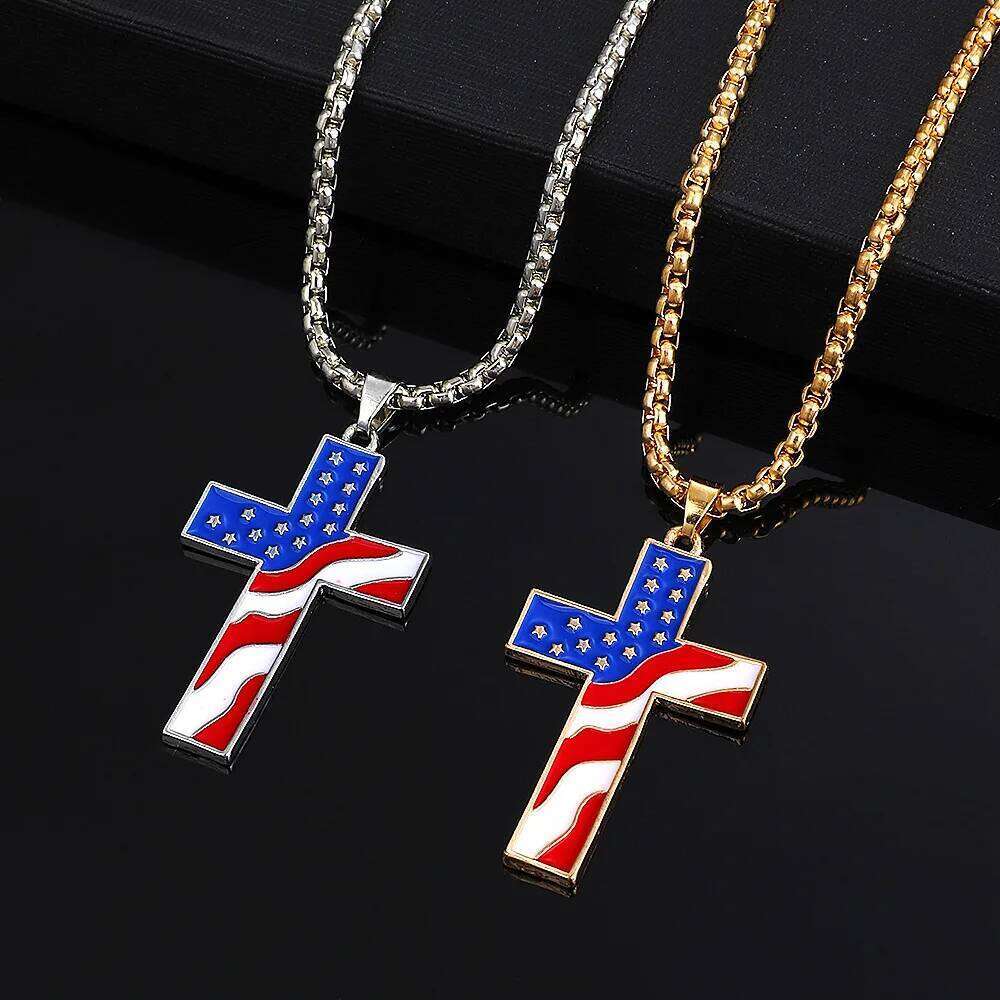 Stainless Steel Chains American Necklace Jesus Christ Cross Pendant Enamel USA Flag Patriotic Christian Jewelry Long Chain H260312
