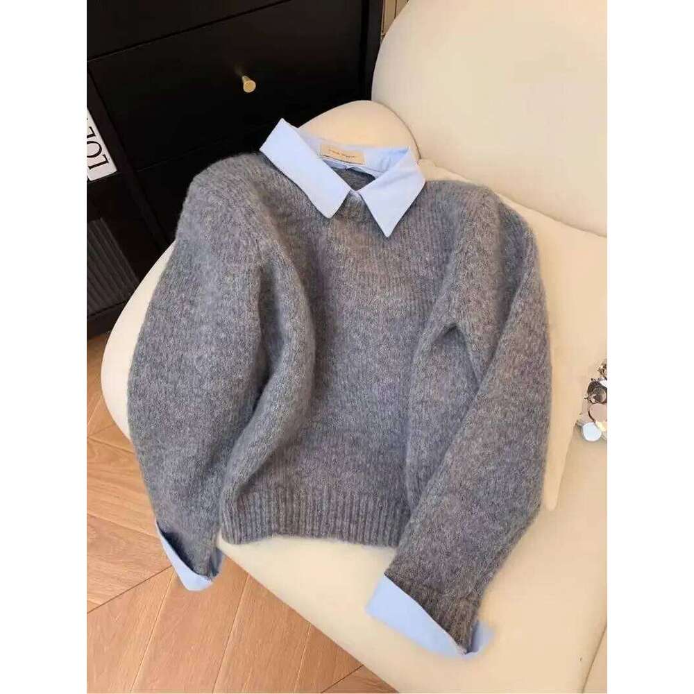 Shirt Collar Long Sleeved Sweater Korean Fake Two-piece Color Block Knitted Pullover Top Women's Autumn Loose Versatile Coat Z260314