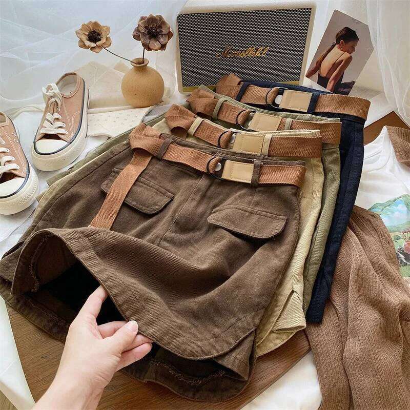 Korean Denim Skirt Women's Safari Style Short High Waist Belt Cargo Jean Ladies Casual A-line Skirts Spring Autumn Z260314