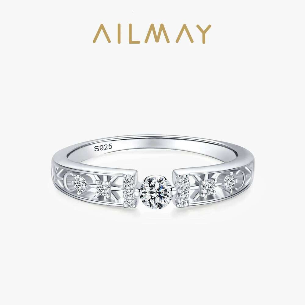 Ailmay Real 925 Sterling Silver Clear CZ Finger Geometric Line Rings For Women Classic Wedding Statement Jewelry H260312