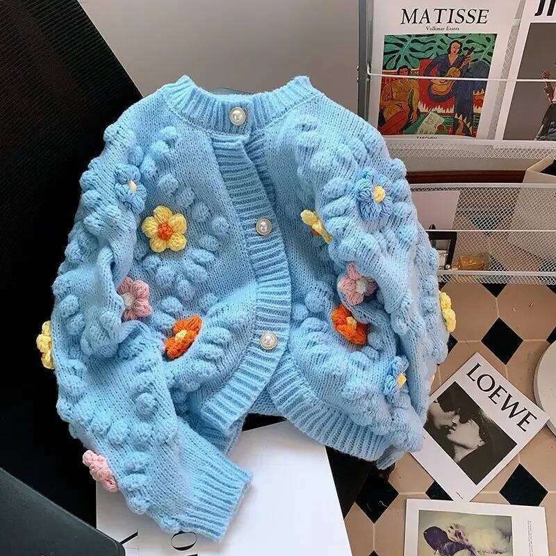 Kawaii 3D Flower Embroidery Knitted Cardigan Women Long Sleeves Single Braested Contrast Color Sweater 2024 Autumn Z260313