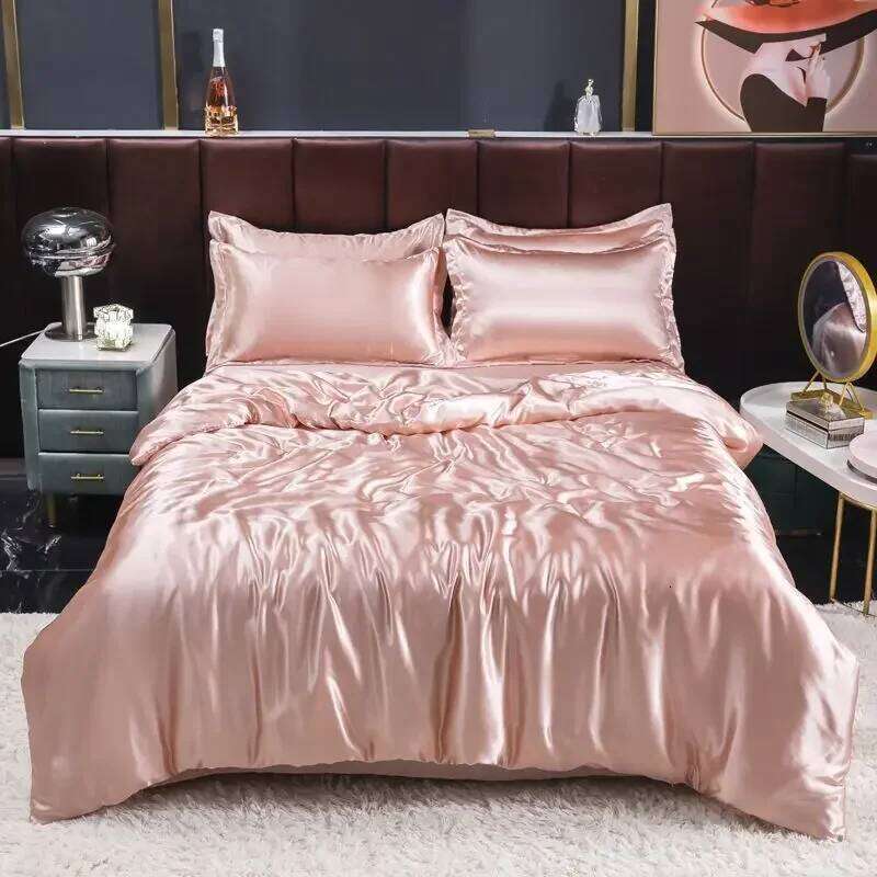 Nordic Satin Silk Bedding Set with Duvet Cover Bed Sheet Pillowcases Solid Single Double Couple Pillow Case Bedsheet H260312 - view 5