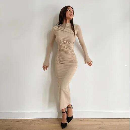 Sexy Bodycon Long Sleeve Midi Dress 2024 Autumn Slim Solid Party Package Hip Elegant Dresses For Women Robe Femme Z260314