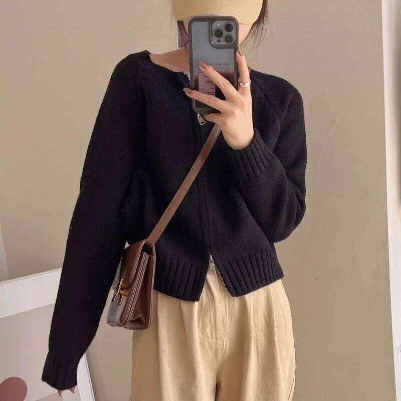 Zipper Cardigan Women Sweater O-neck Cropped Knitwear Cozy Autumn 7-Colors American Temper Minimalist Casual Z260313
