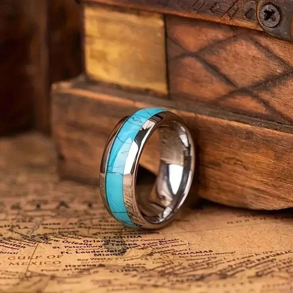 Hot Inlay Blue Turquoise Fashion 8MM Stainless Steel Rings for Men Women Wedding Engagement Band Jewelry Gift Dropship H260312