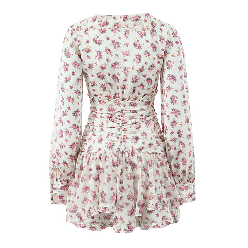 Boho Floral Print Ruffle Mini Dress Women Front Button Long Sleeve V Neck Spring Dresses Holiday Robe Short Vestidos 260313