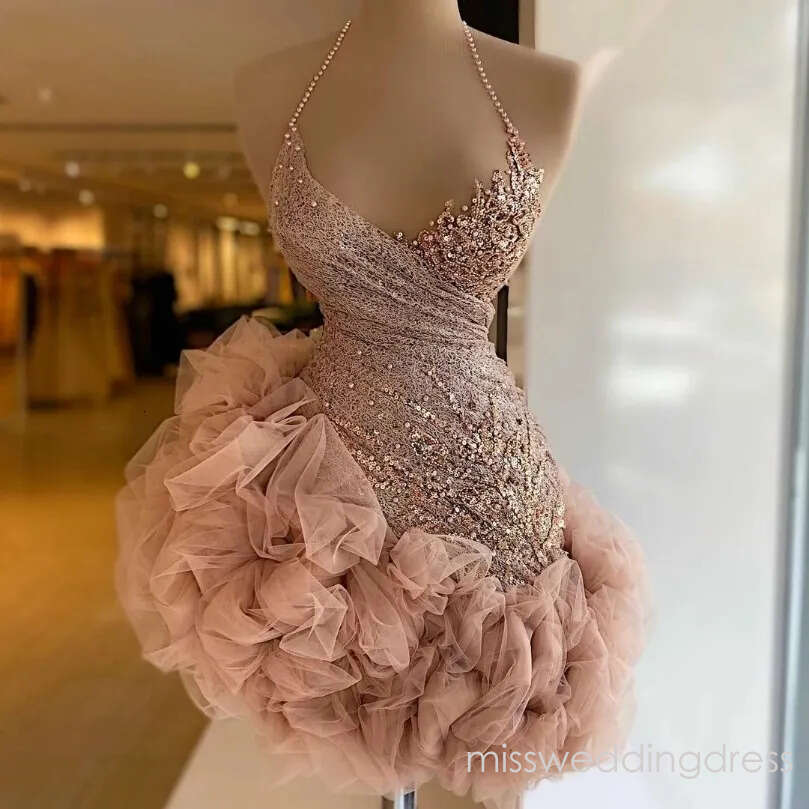 Dusty Pink Ruffled Cocktail - Beaded Halter Neck Lace Mini Prom Dress with Sequins for Homecoming Party