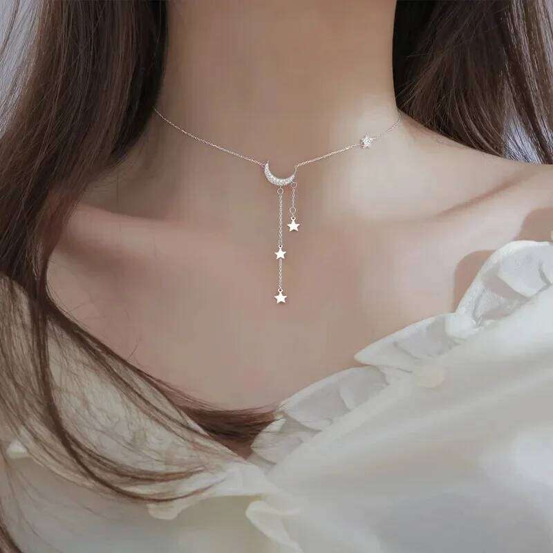 Exquisite Bling Silver Color Tassel Star Moon Necklace For Women Clavicle Chain Woman Jewelry Birthday Gift Accessories H260312