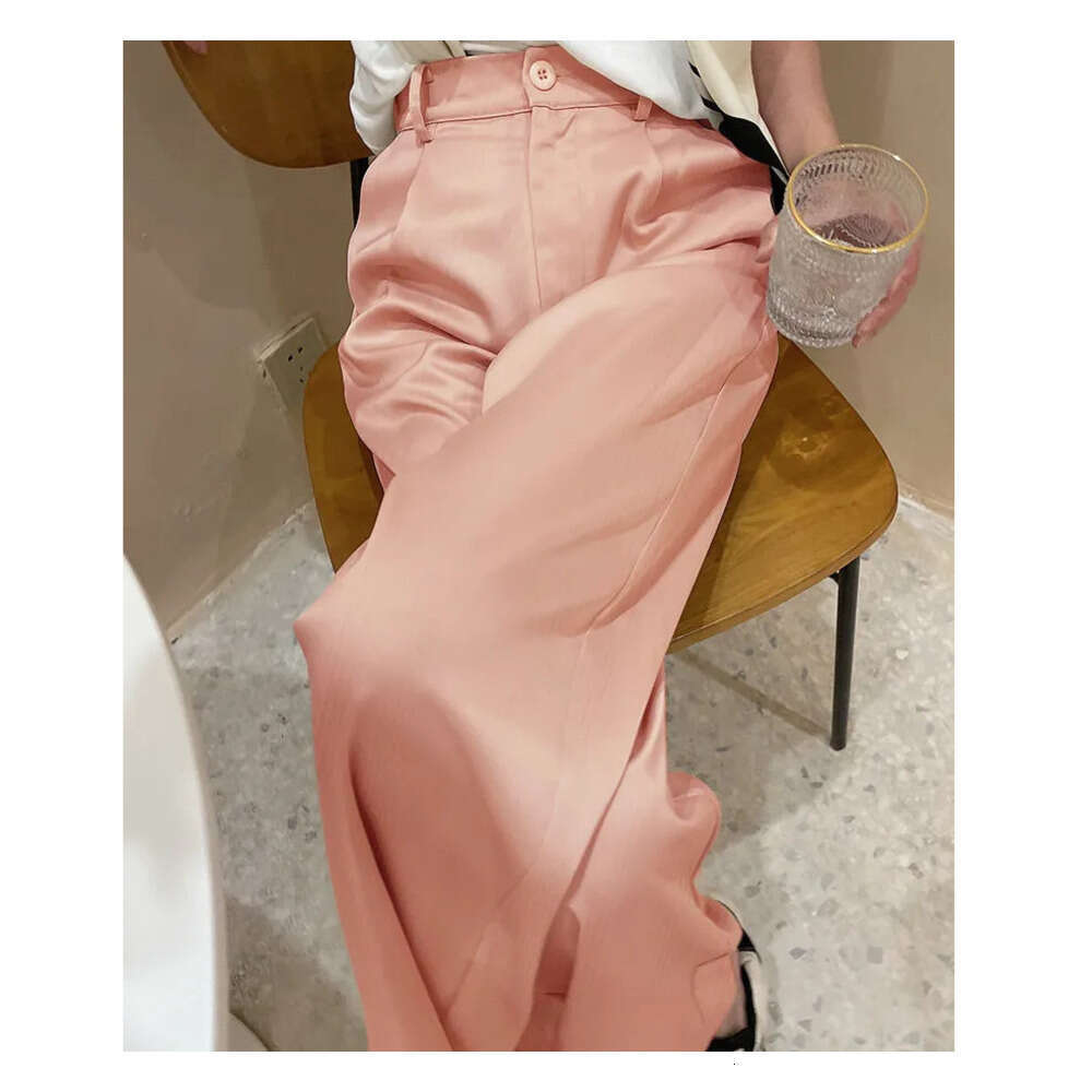 Two Piece Summer Silk Satin Womens High Waist Casual Black Korean Fashion Wide Leg Suit Pants for Women Trousers Oversize 230912 Z260312