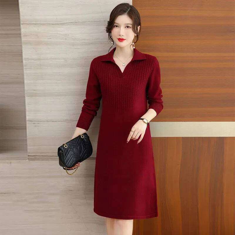 Autumn Women's Lapel Fashionable Knee Length Sweater Dress Loose Temperament Solid Color Straight Knit Bottom Skirt Z260314