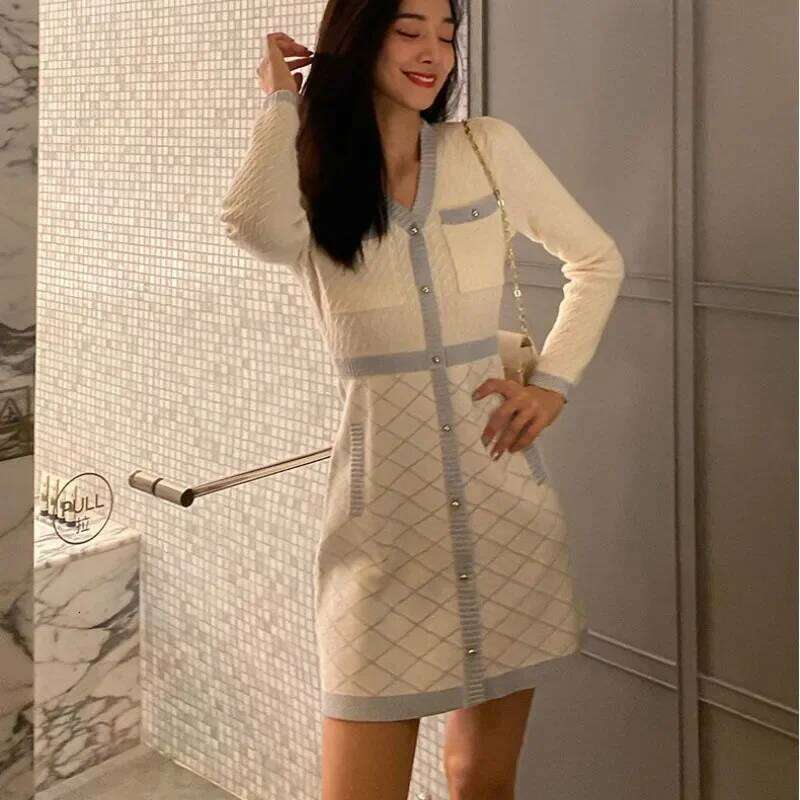 Elegant Knitted Women Long Sleeve Button Winter Office Mini Sweater Patchwork One Piece Dress Korean Z260313