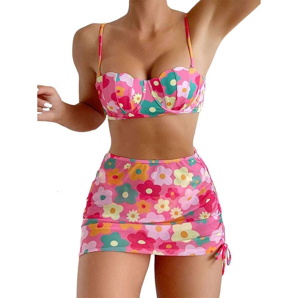 Women 3pcs Swimsuit Set Floral Sleeveless Push Bra and Elastic Briefs Cover Up Skirt Beachwear Bathing Suit Y260303