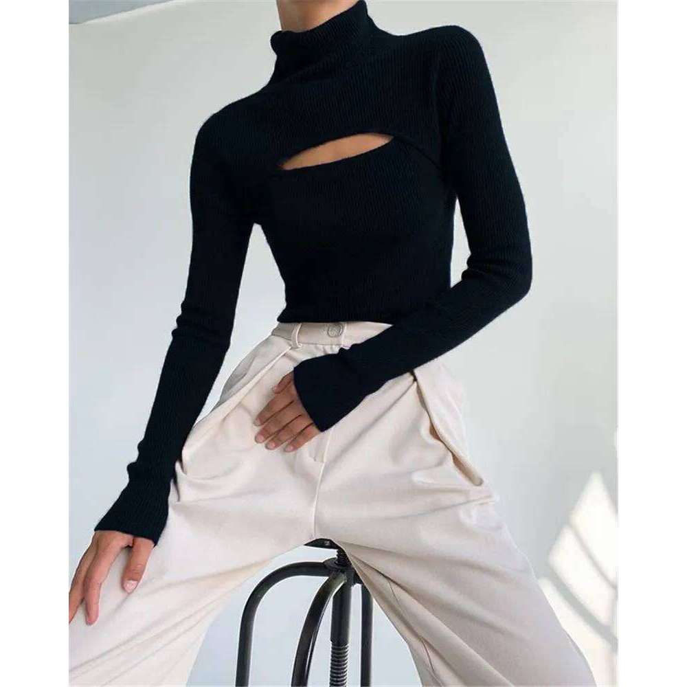 New Autumn Winter Thin Women Fashion Design Open Chest Long Sleeved Knitted Women's Tops Female Tight Fitting Sweater Z260313