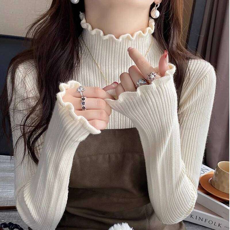 2025 Autumn Winter Women Half Turtleneck Fashion Wooden Ear Pullover Knitted Tops Long Sleeve O Neck Slim Warm Sweater Female Z260314
