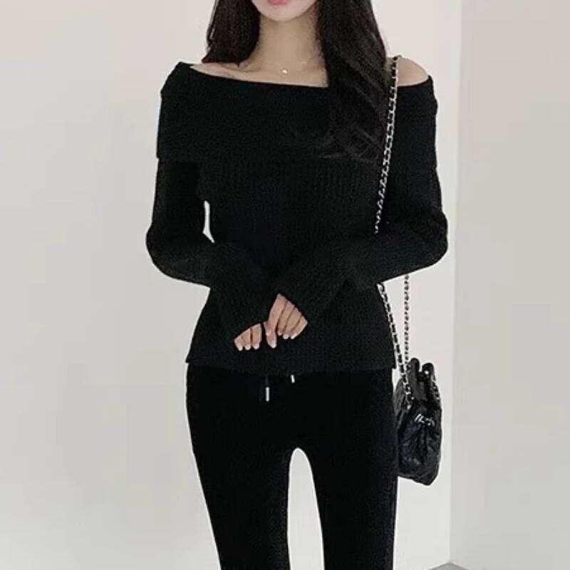 Off Sweaters for Women Long Sleeve Knitted Tops with Open Shoulder Fitted Pullover Elegant Basic Color Z260314