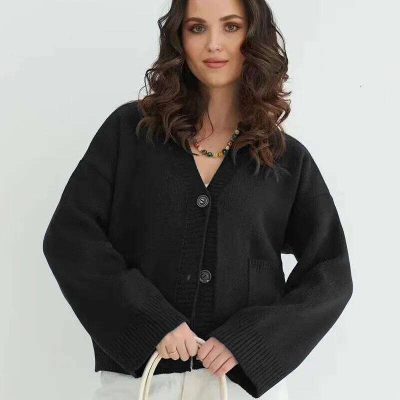 Yellow Knit Single Breasted Cardigan for Women Spring Autumn Loose V-Neck Sweater Coat Woman Warm Pockets Long Sleeve Cardigans Z260313