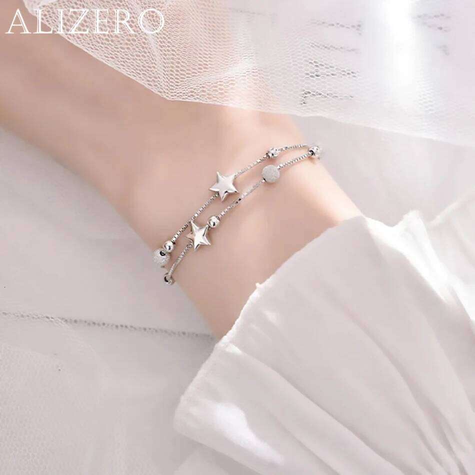 925 Sterling Silver Double-Layer Star Charm Bracelet Elegant Sexy Shiny Bead Embellishment for Valentine's Day & All Seasons Z260313