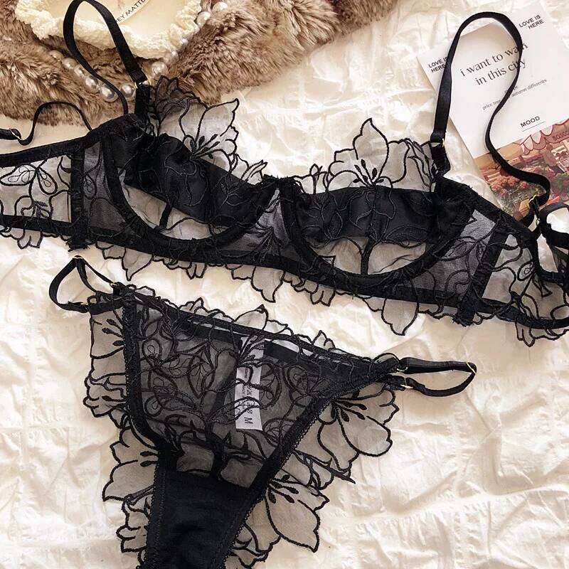French Underwear Sexy Lace Flowers Embroidery Bra Set Women Intimates Summer Ultra Thin Breathable Bralette Lingerie Panties