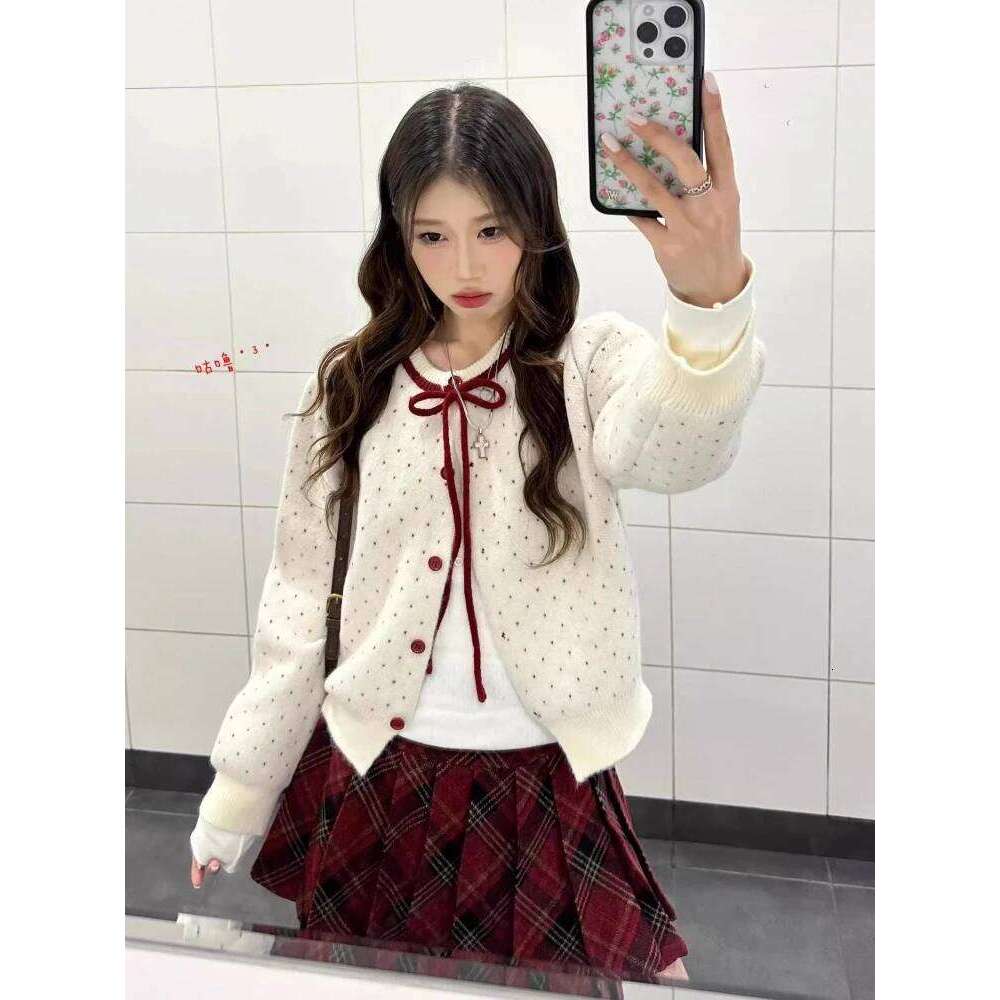 Korean Sweet Polka Dot Knitted Sweater Cardigan Women Design Fashion O Neck Y2k Jacket Tops Chic Preppy Style Retro Outfits New Z260313